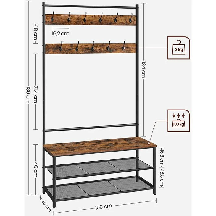 Vasagle Garderobenständer HSR410B01, Vintage, Mit 22 Haken, Metall / Holz, Schwarz / Braun 4 Vasagle Garderobenständer HSR410B01, Vintage, Mit 22 Haken, Metall / Holz, Schwarz / Braun – Bild 2